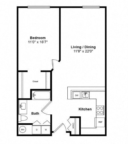 Floor plan for 1 bed, 1 bath, 810 sqft